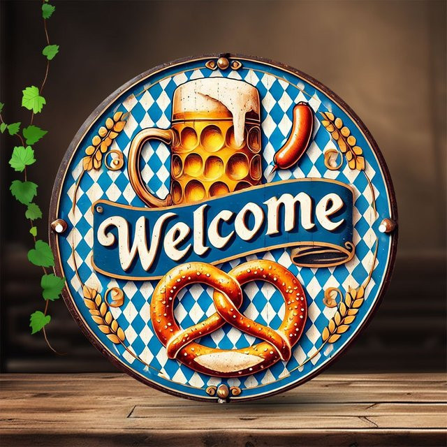 Potdemiel Retro Metall München Oktoberfest Willkommensschild, rundes Aluminiumgemälde in Mehrfarben, Durchmesser: 19,8 cm - Bild 1