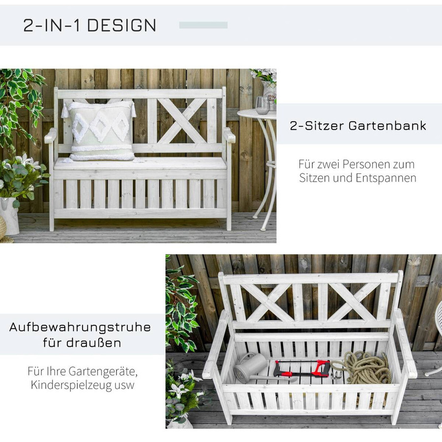 Outsunny Gartenbank aus Tannenholz mit Stauraum in Weiß, B/T/H: 115 x 61 x 85 cm - Bild 2