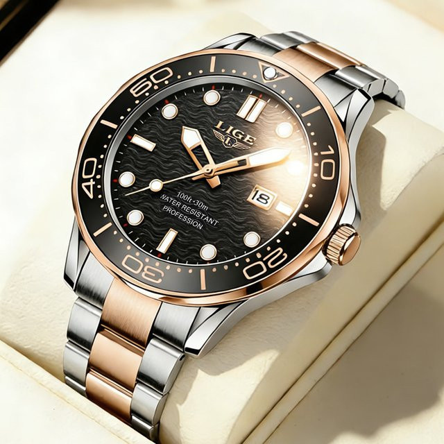 LIGE Armbanduhr, Quarz, Leder, Edelstahl, Schwarz, Herren - Bild 1
