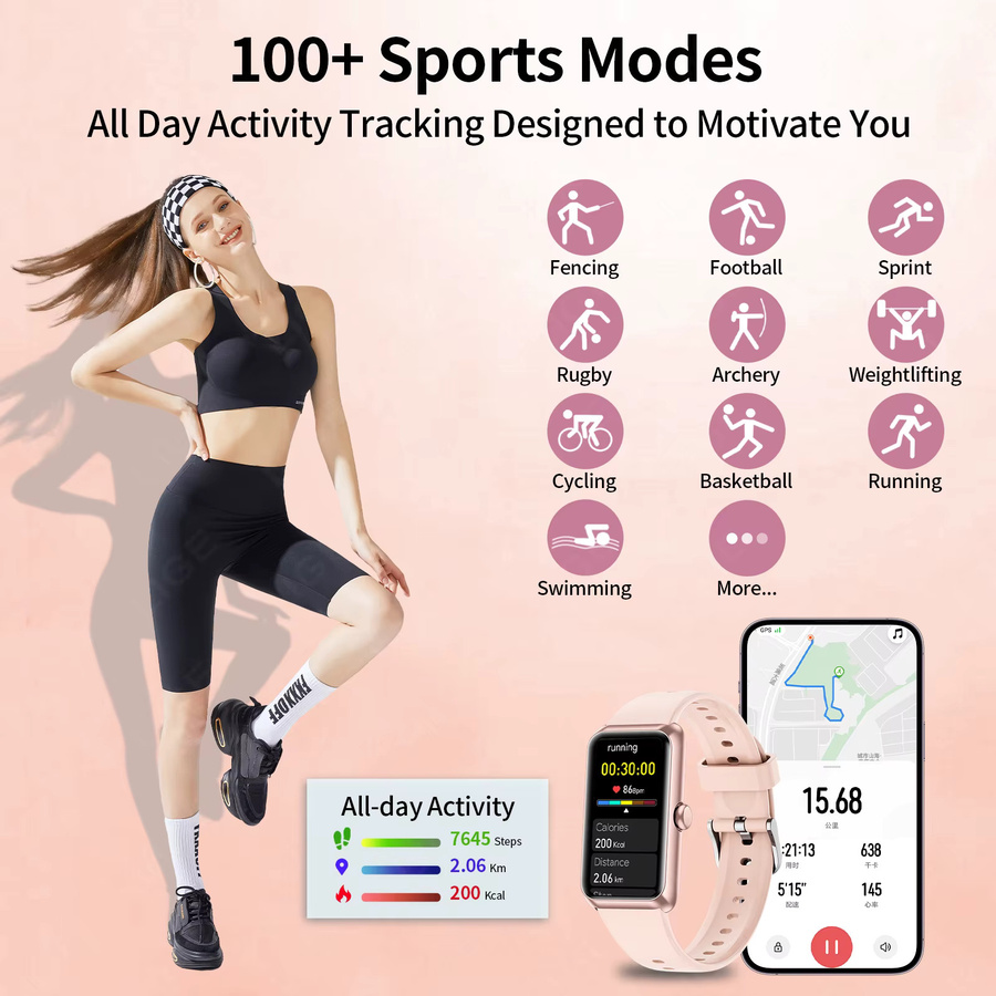 LIGE Smartwatch, Roségold, Damen, Herzfrequenz, Schwarz - Bild 5