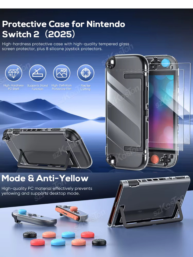 SZKOSTON Schutzhülle für Nintendo Switch 2, transparentes Hart-PC-Gehäuse mit Displayschutz und 6 Daumengriffen - Bild 6