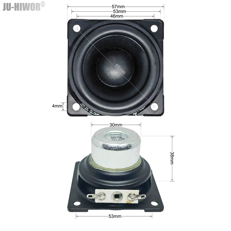 JU-HIWOR Dual Neodym Basslautsprecher Set, 2 Stück, 8 Ohm, 10 W, Schwarz, 57 mm quadratisch, 38 mm Hublänge - Bild 2