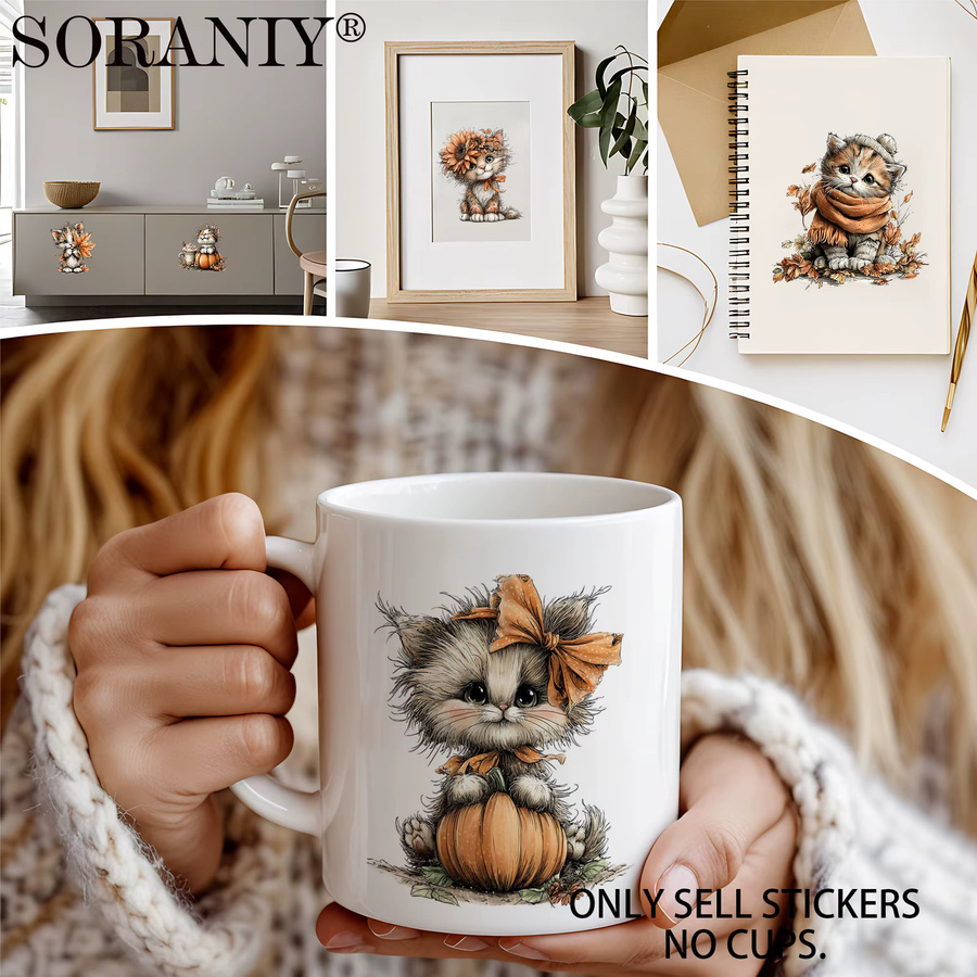 UV DTF DIY Transferaufkleber Set mit Herbst-Katzen-Camping-Motiv, 5 Stück, Mehrfarbig - Bild 2