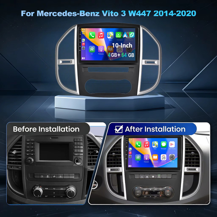 ESSGOO Android 15 Autoradio für Mercedes-Benz Vito W447 2014-2020 mit 10 Zoll IPS Touchscreen, Kabelloses CarPlay und Android Auto, GPS, WiFi, Bluetooth und Mirror Link, Schwarz - Bild 2