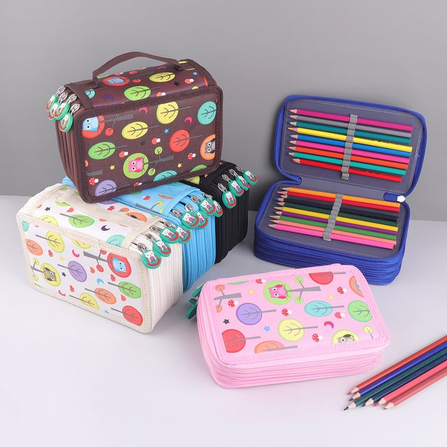 Eulen-Federmäppchen mit 72 Fächern und Griff, 4-lagiger Stift-Organizer aus Textil in Schwarz und Multicolour - Bild 1
