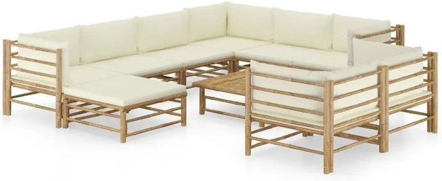 vidaXL 10-teiliges Garten-Lounge-Set aus Bambus mit cremeweißen Kissen - Bild 1