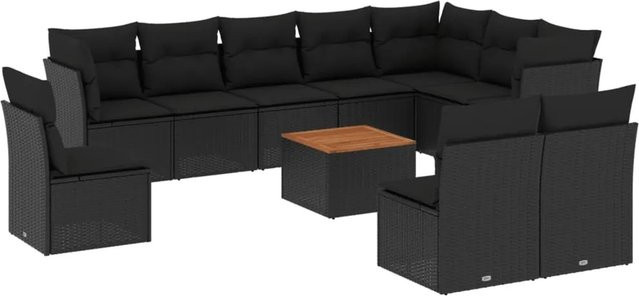 vidaXL 11-tlg Garten-Sofagarnitur aus Poly-Rattan und Akazienholz in Schwarz mit Kissen Modell 73 - Bild 1
