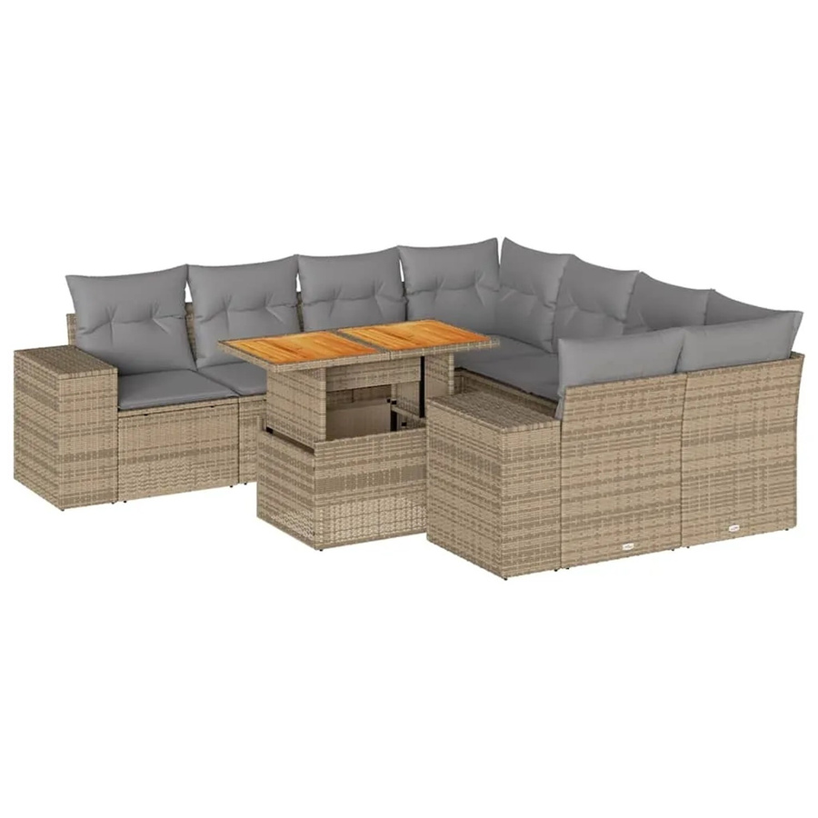 vidaXL 9-teilige Garten-Sofagarnitur in L-Form aus Poly-Rattan und Akazienholz mit Kissen in Beige-Grau - Bild 2