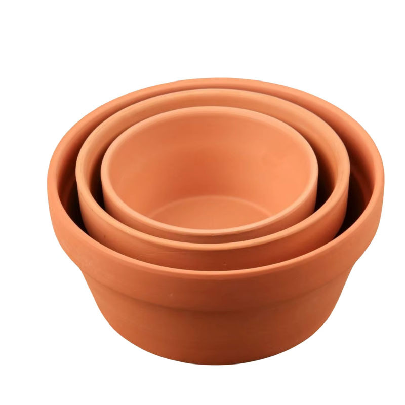 Set aus 3 flachen Terrakotta-Blumentöpfen aus Ton mit Drainageloch, Farbe: Braun - Bild 4