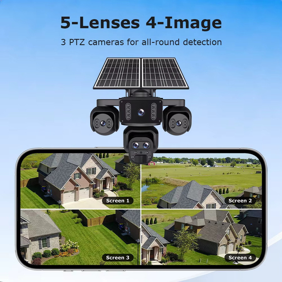 SHIWOJIA Solar-Kamera mit 20MP, 10X Zoom und 4G SIM, 5 Linsen mit 4 Bildschirmen, 360° Überwachung und automatischem Tracking, Schwarz - Bild 3