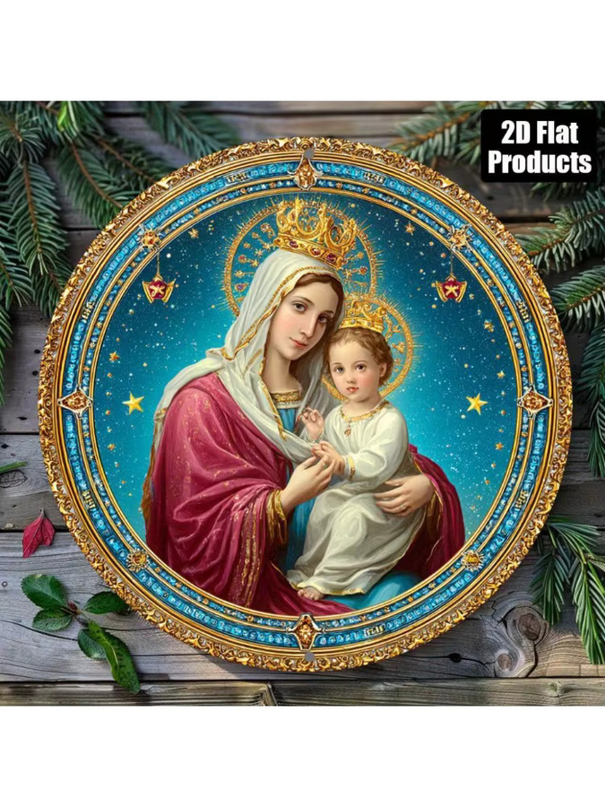 HELLOYOUNG Rundes Aluminium-Schild mit Jungfrau Maria und Jesuskind, Metallplakette für die Wanddekoration, Mehrfarbig, Durchmesser: 20 cm - Bild 5