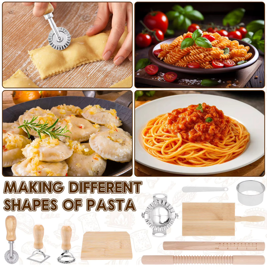 Willstar 10-teiliges Pasta-Zubehör Set aus Holz in Braun mit Nudelholz inklusive Skala, Gnocchi-Brett und Teigschaber - Bild 2