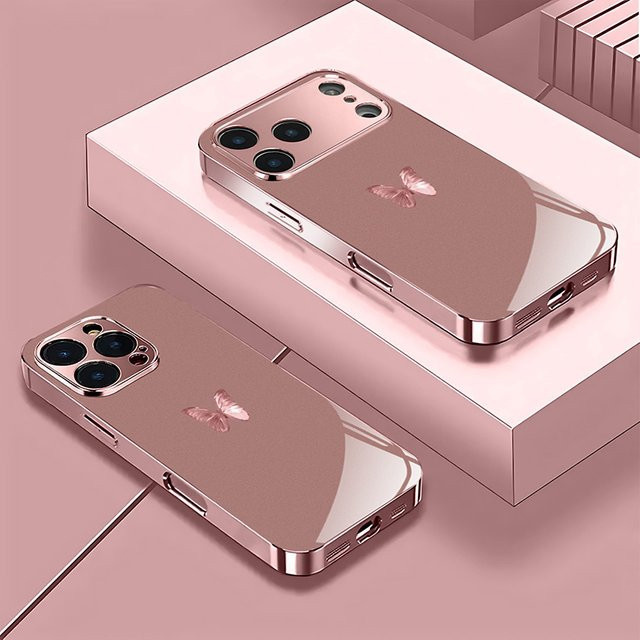 Rosa Handyhülle mit Schmetterlingsmuster aus gehärtetem Glas für Apple iPhone 11 bis 17 Pro Max und weitere Modelle - Bild 1