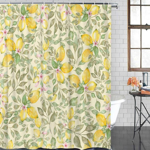 Wasserdichter Duschvorhang mit Zitronen-Print und Haken in Gelb, B/H: 180 x 180 cm - Bild 1