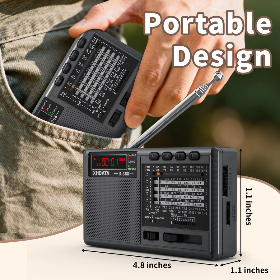 XHDATA D-368/D-328 Tragbares Stereo-Radio mit Bluetooth, FM, AM, SW, MP3-Player, USB und TF-Karte, Schwarz - Bild 3