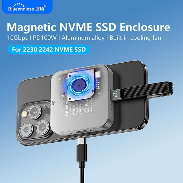 Blueendless Magnetisches M2 NVMe SSD-Gehäuse mit Lüfter und 100 W PD-Aufladung Typ C für iPhone und Mac - Bild 1