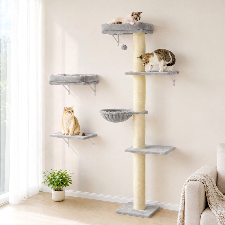PawHut 3-teiliges Katzenkletterwand Set mit Hängematte und Kratzmöglichkeiten, Hellgrau - Bild 1
