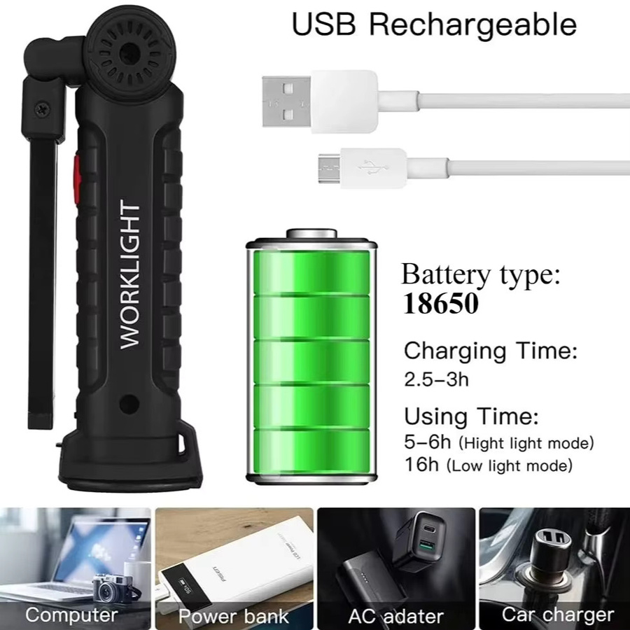 Heinast Tragbare COB-LED-Taschenlampe in Schwarz, USB wiederaufladbare Arbeitsleuchte mit Magnet und Lanterna-Funktion für Camping und Arbeit - Bild 4
