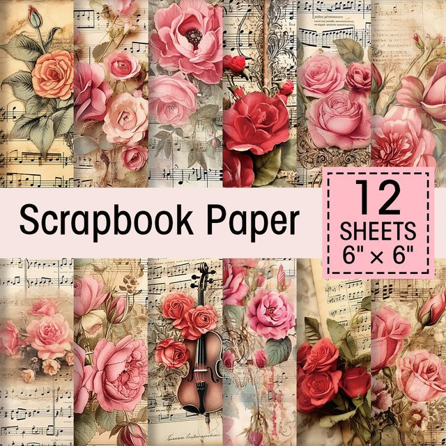 12 Stück Vintage Floral Musikblätter Scrapbook-Papier in Multicolour für Bastelarbeiten und Tagebücher - Bild 1