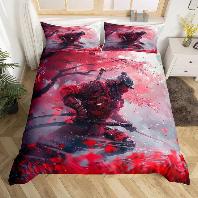 Japanisches Samurai Bettwäscheset mit Kirschblüten, Roter Sonne und Fuji Berg, Doppelgröße, Farbe Rot, B/H: 140 x 210 cm - Bild 1