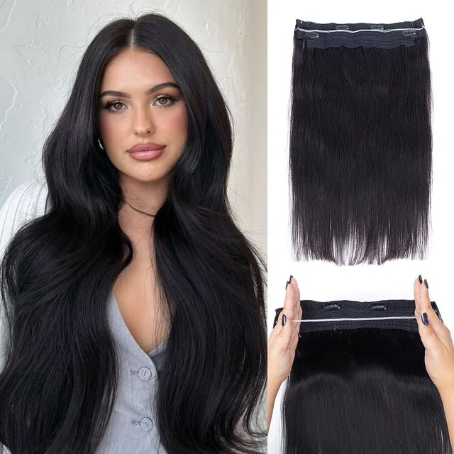 MRS HAIR Jet Black Fish Line Wire Haarverlängerungen, Clip-in-Echthaarverlängerungen, 4 Clips - Bild 1