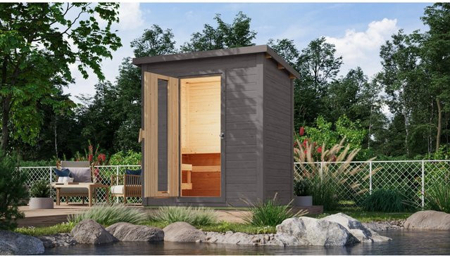 Karibu Saunahaus Arvi Set aus Fichte in Terragrau mit 9 kW Ofen und externer Steuerung für Bio-Sauna - Bild 1