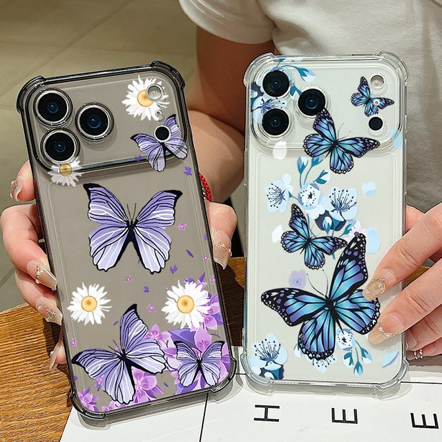 MOESOE Handyhülle mit Kartensteckplatz und Schmetterlings-Design für iPhone, stoßfeste transparente TPU-Abdeckung, Lila - Bild 1
