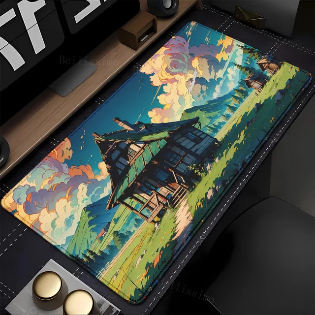 Potdemiel Mauspad XXL mit ländlicher Hütte und Berglandschaft bei Sonnenuntergang, rutschfeste Schreibtischunterlage, Multicolour - Bild 1