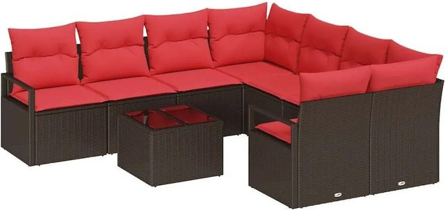 vidaXL 9-teiliges Gartenmöbel Set aus Poly Rattan in Braun und Rot mit Kissen und Tisch - Bild 1