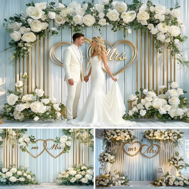 Yeele Hochzeits-Hintergrund mit weißen Rosen und Doppelherz für deine Foto Booth und romantische Braut-Themen - Bild 1