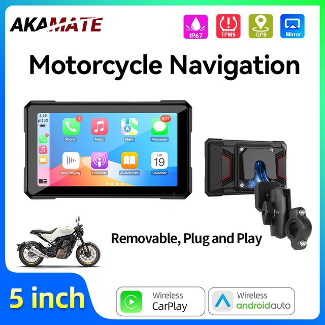 AKAMATE Kabelloses 5-Zoll CarPlay und Android Auto Motorrad-Navigationsdisplay mit GPS in Schwarz - Bild 1