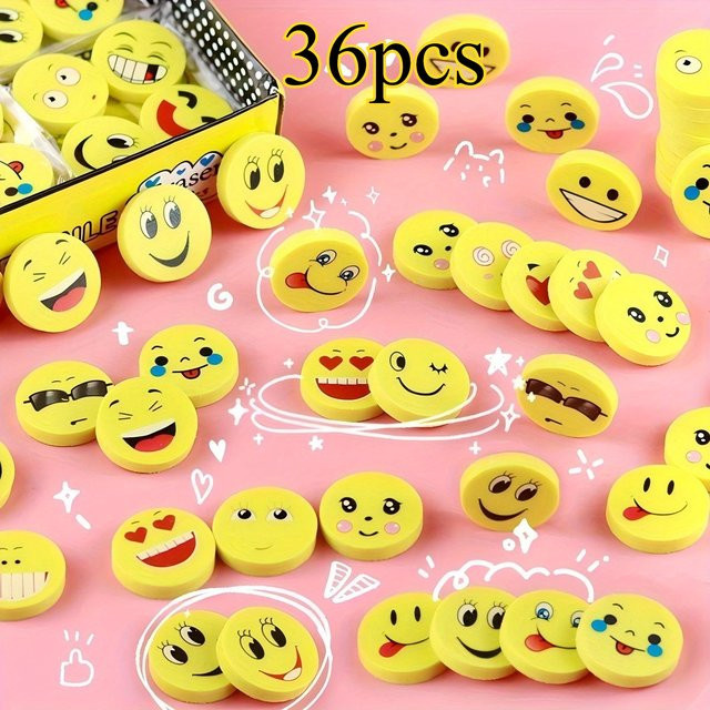 36-teiliges Set Smile-Gesichts-Radiergummis in Gelb mit verschiedenen emotionalen Ausdrücken für Schule und Büro - Bild 1