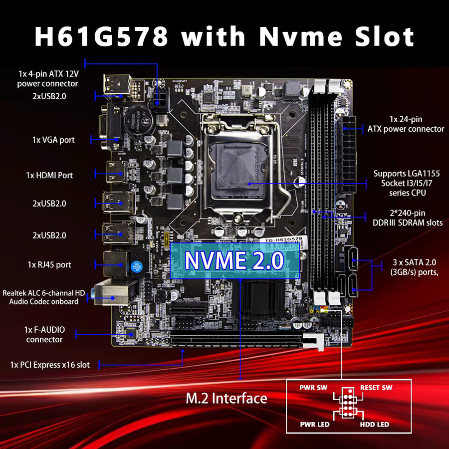 AIBOMAN H61 Motherboard LGA 1155 ATX mit DDR3 RAM Unterstützung und NVMe/M.2 in Schwarz - Bild 3