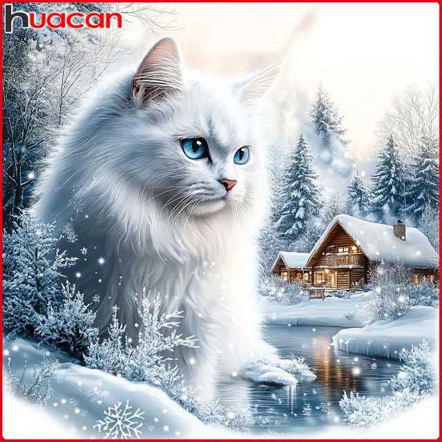 Huacan DIY Diamantmalerei Set Katze in Winterlandschaft mit runden Steinen, Dekorative Wandillustration für Erwachsene, Breite: 20 cm, Höhe: 20 cm - Bild 1