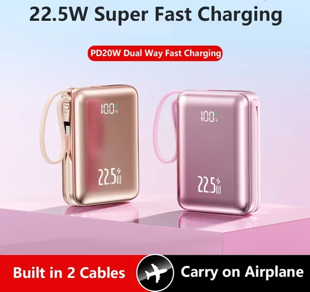 Mini Power Bank 20000 mAh Externer Akku mit 22,5 W Schnellladung und integriertem Kabel in Gold für iPhone, Xiaomi und Samsung - Bild 1