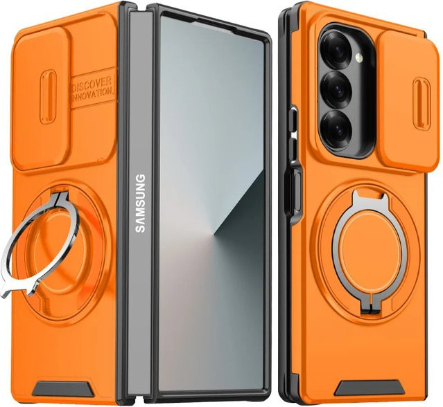 Stoßfeste Handyhülle für Samsung Galaxy Z Fold 7 und Z Fold 6 mit hartem PC-Schiebefenster-Linsenschutz und drehbarer Ringhalterung in Pink oder Orange - Bild 1