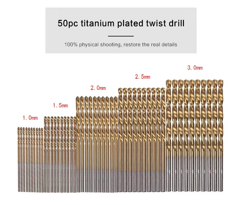 50er Set LouCnloin Titanbeschichtete HSS Bohrer aus Schnellarbeitsstahl in Silber für Holz, Kunststoff und Aluminium, Durchmesser: 1 mm bis 3 mm - Bild 2