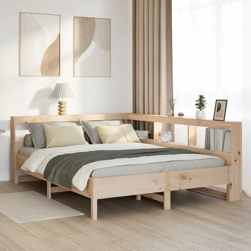 Massivholzbett Vidaxl aus Kiefernholz mit Regal in Natur und Braun, Landhaus und Skandinavisch Stil, B/T/H: 150 x 200 x 80 cm - Bild 1