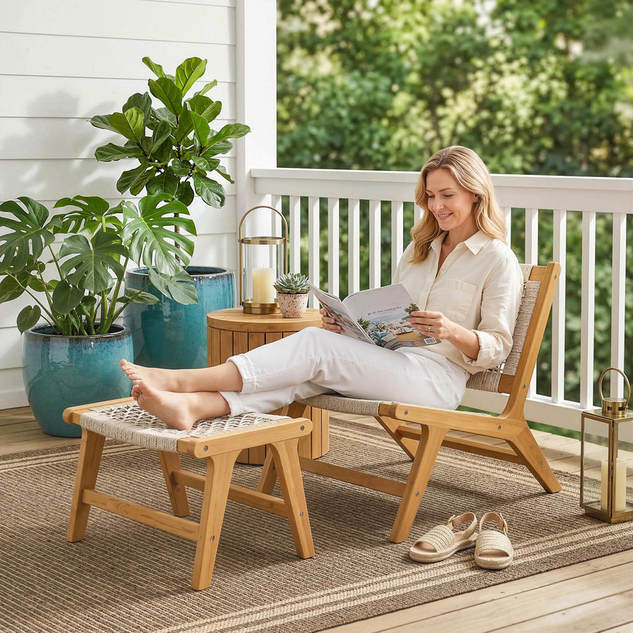 Outsunny Gartensessel mit Hocker 2-teiliges Lounge Set aus FSC Akazienholz und Polyrattan im Boho-Stil, Beige, Aosom - Bild 2