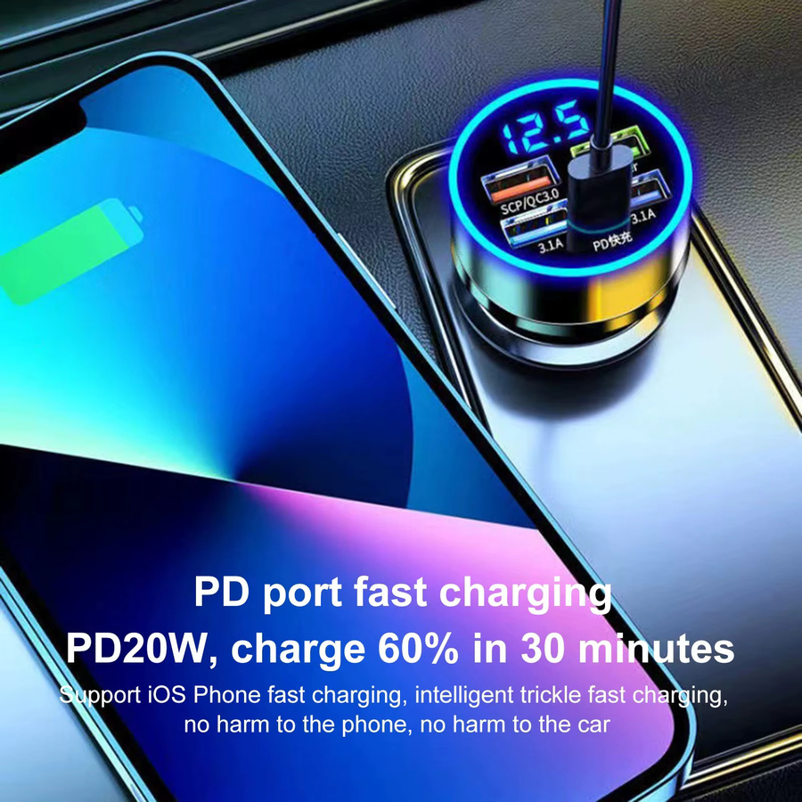 250 W 5 Ports LED Auto Ladegerät mit USB-C PD Schnellladefunktion für iPhone, Samsung, Huawei und Xiaomi - Bild 4