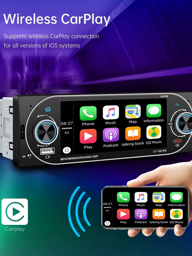ESSGOO 1-DIN MP5 Autoradio mit 5,1 Zoll IPS-Bildschirm, kabelloses CarPlay und Android Auto, Bluetooth und Mirror Link, Schwarz - Bild 7