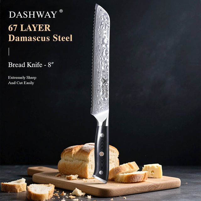 DASHWAY Brotmesser mit Wellenschliff aus 67-lagigem Damaszener Stahl, 8 Zoll (20,32 cm) - Bild 1