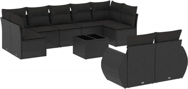 vidaXL 10-teilige Garten-Sofagarnitur aus Poly-Rattan mit Kissen in Schwarz - Bild 1