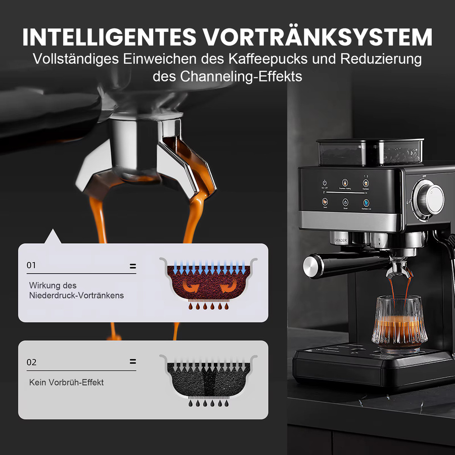 Aiorber Espressomaschine mit integriertem Mahlwerk in Schwarz, 20 Bar, 1350W, Dual-Extraktion mit Touchscreen und 1,8 l Wassertank - Bild 4