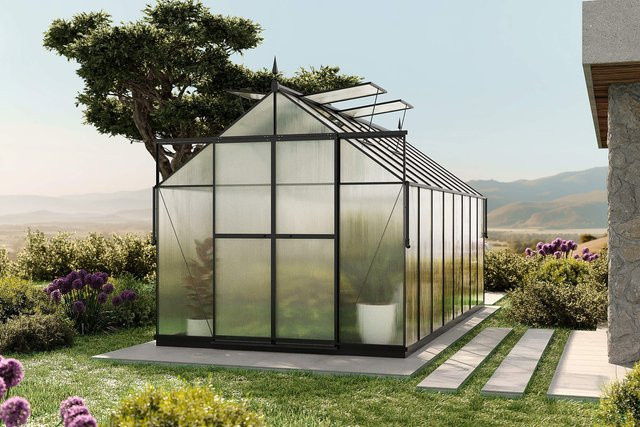 OUTFLEXX Verde Premium Gewächshaus mit schwarzem Aluminiumrahmen, Polycarbonat 6 mm und Stahlrahmen, B/T/H: 486 x 243 x 240 cm, 4 Fenster und Schiebetür - Bild 1