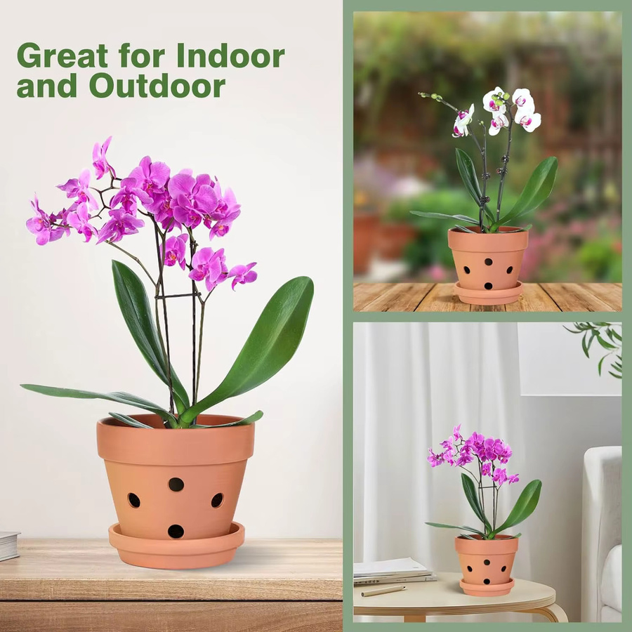 6er Set MINITAKING Terrakotta Orchideentöpfe mit Untertassen in Orange und Braun, 4 Zoll Pflanzentöpfe für Zimmerpflanzen - Bild 2