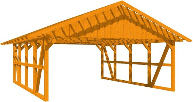 Skan Holz Carport Schwarzwald mit Satteldach und Dachlattung aus Fichtenholz in Eiche Hell, Breite: 684 cm, Tiefe: 772 cm - Bild 1