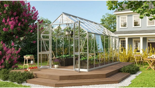 Vitavia Gewächshaus Olymp 11500 mit Fundament und Regenrinnen aus eloxiertem Aluminium und Sicherheitsglas in Silber für deine Pflanzenzucht im Garten - Bild 1