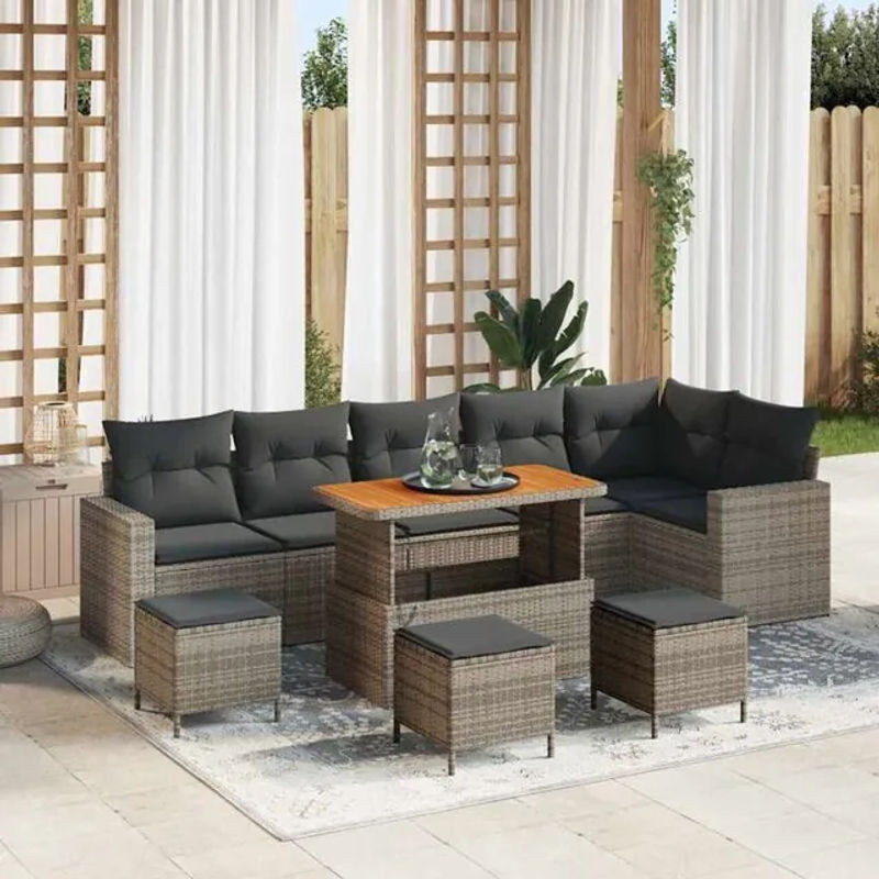 vidaXL Garten-Sofa-Set aus Poly-Rattan und Massivholz, 10-teiliges modulares Loungemöbel-Set mit Fußhockern in Grau - Bild 1