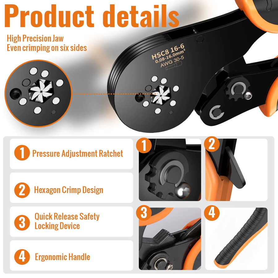 Sechskant-Kabelcrimpzangen-Set mit Ratschenfunktion für Aderendhülsen 0,08-16mm² AWG 30-5, inklusive 1200 Stück Einzel- und Doppelhülsenklemmen in Orange und Schwarz - Bild 6